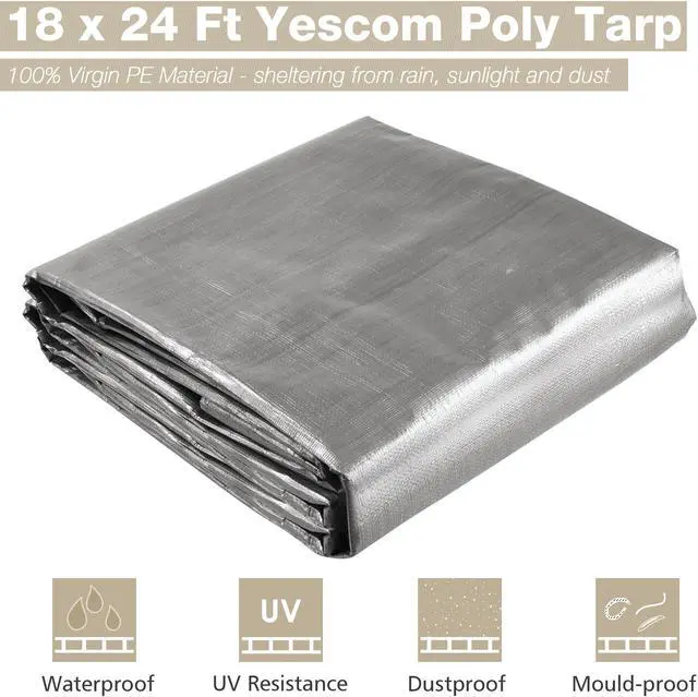 Alt view image 2 of 7 - Yescom 18x24 Ft 14 Mil Poly Tarp Protective Cover Tarpaulin Heavy Duty UV Resistant