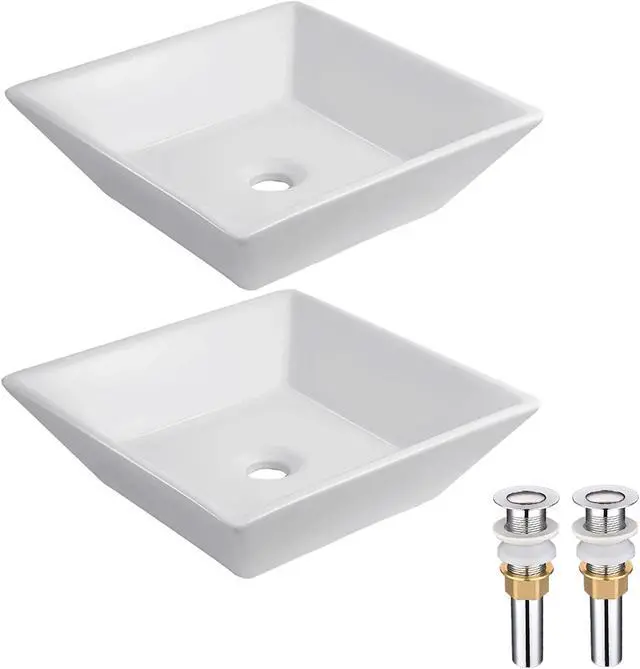 Alt view image 2 of 12 - Aquaterior® 2 Pcs Square Porcelain Above Counter Sink Bathroom Ceramic Vessel Basin Pop up Drain