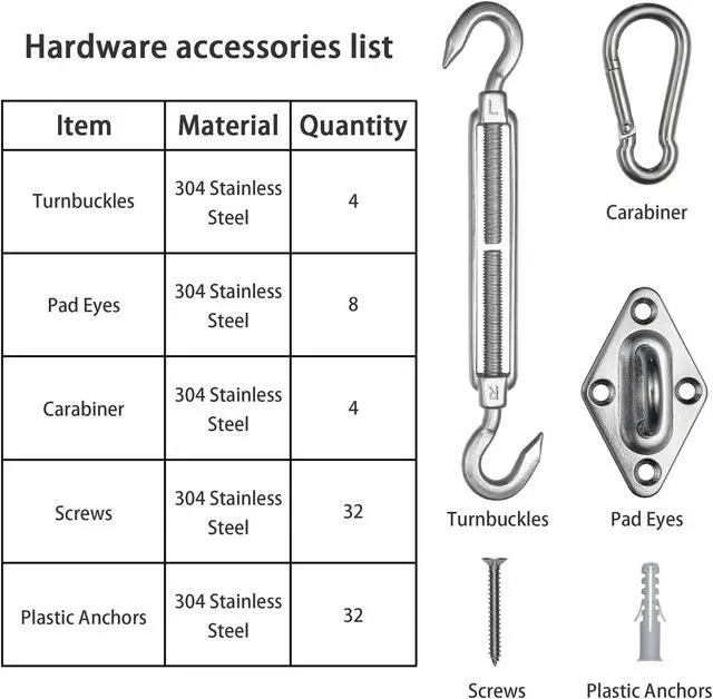 Alt view image 5 of 7 - Rectangle Sun Shade Sail Hardware Kit 304 Anti-Rust Stainless Steel Patio 2 Pack