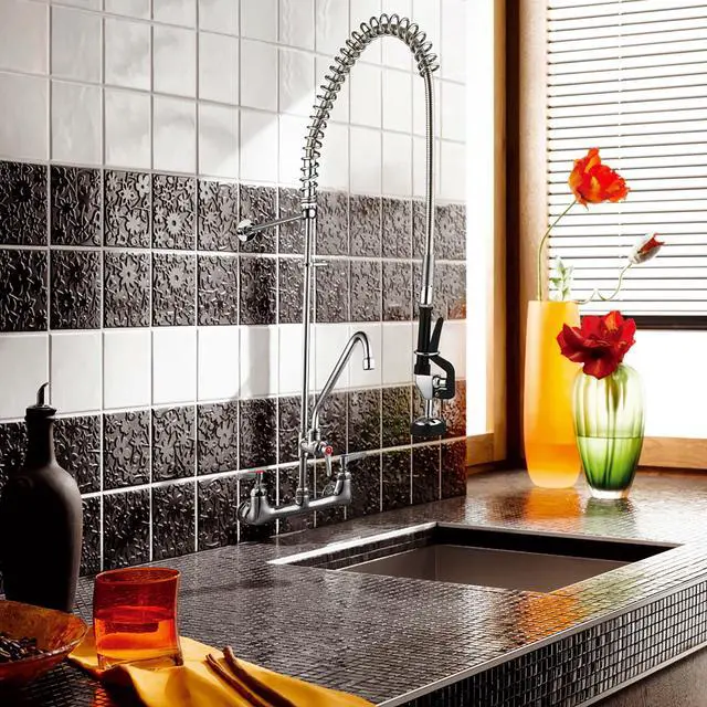 Alt view image 3 of 6 - Aquaterior Wall Mount Commercial Faucet w/ Pre-Rinse Pull Down Sprayer 2 Pack