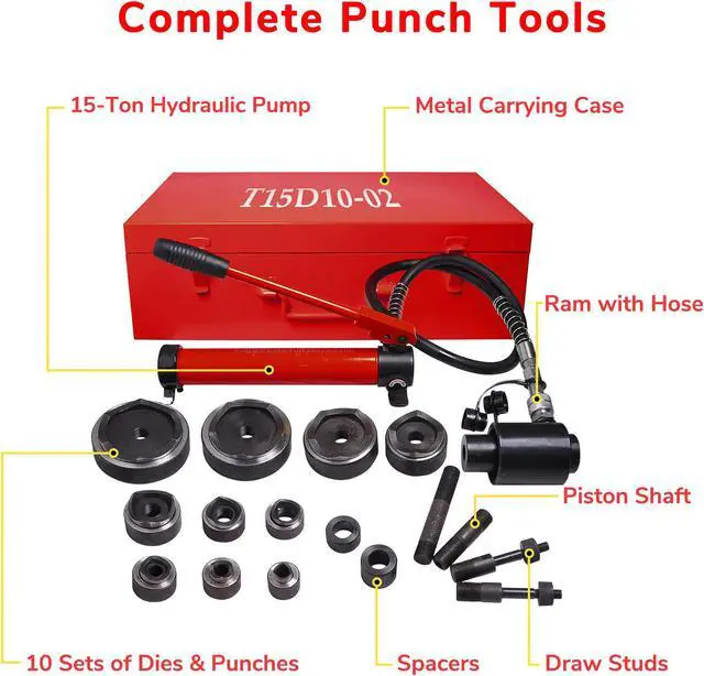 Alt view image 2 of 7 - Yescom 15 Ton Hydraulic Knockout Punch Set with 10 Dies (1/2" to 4") Conduit Hole Puncher Tool Kit
