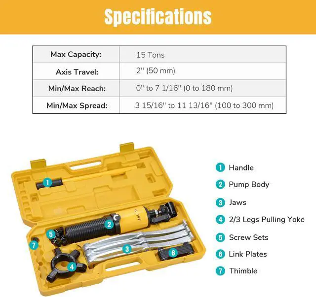 Alt view image 3 of 7 - 3-Jaw Hydraulic Gear Puller Set 15 Ton Wheel Bearing Pulling Separator w/Case