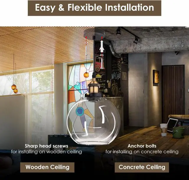 Alt view image 3 of 7 - Vintage Industrial 9.8" Ball Shape Glass Ceiling Light Pendant Light Edison Lamp Clear