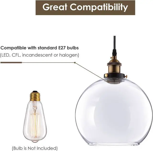 Alt view image 5 of 7 - Vintage Industrial 9.8" Ball Shape Glass Ceiling Light Pendant Light Edison Lamp Clear