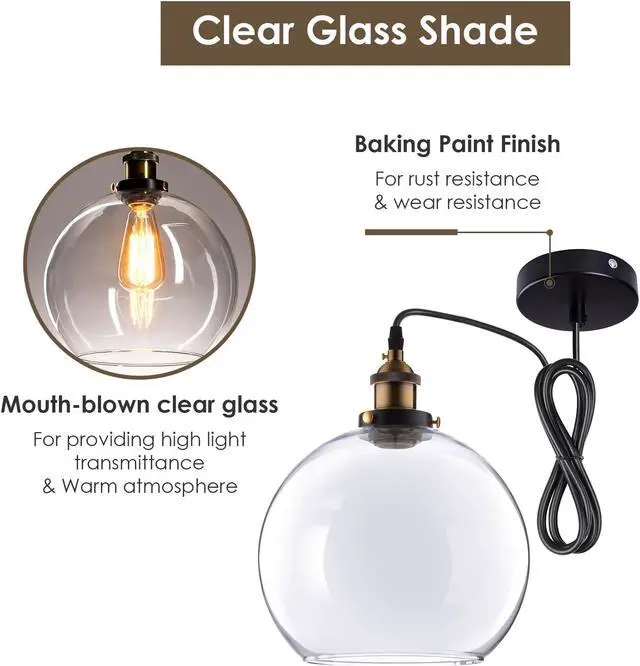 Alt view image 4 of 7 - Vintage Industrial 9.8" Ball Shape Glass Ceiling Light Pendant Light Edison Lamp Clear
