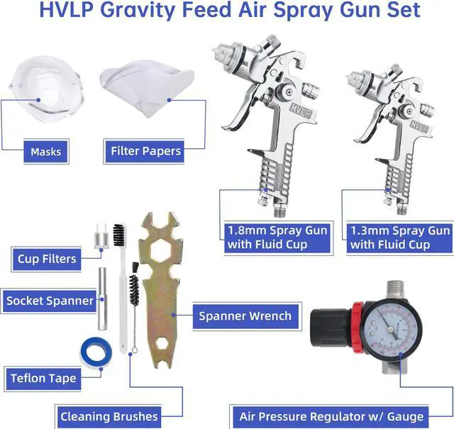 Alt view image 5 of 7 - 1.3 1.8 6Pcs Gravity HVLP Air Spray Gun Kit Auto Paint Primer Basecoat Clearcoat