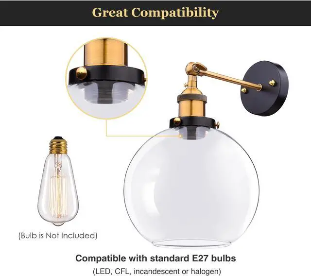 Alt view image 5 of 7 - Vintage Industrial 7.9" Bell Shape Glass Light Wall Sconce Edison Lamp Transparent