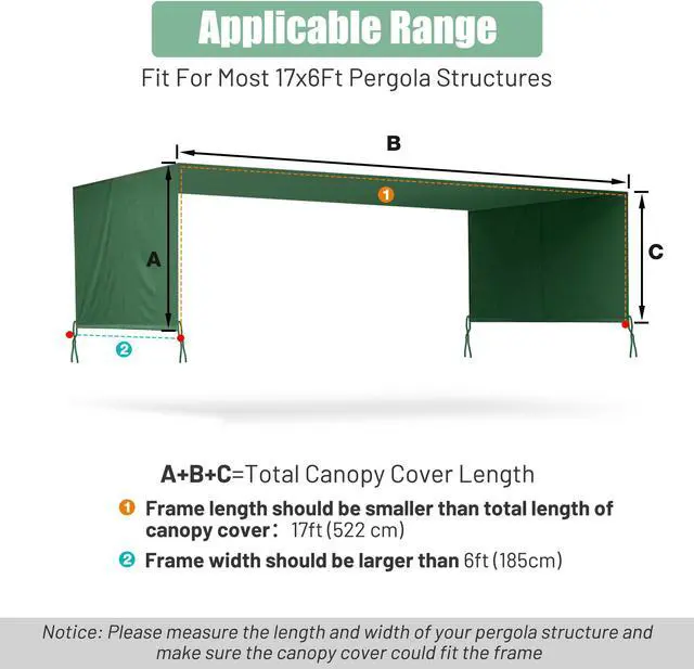 Alt view image 3 of 7 - 17x6.8 Ft UV30+ Pergola Canopy Cover Replacement Garden Outdoor Green