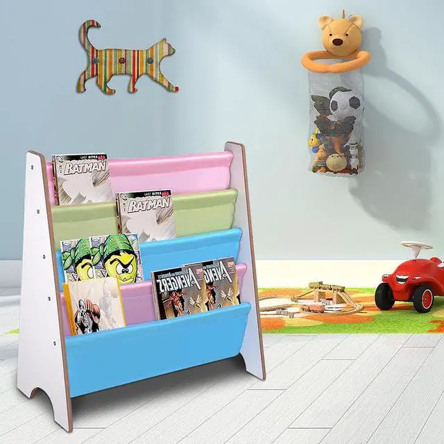 Alt view image 3 of 7 - Wood Kids Book Shelf Sling Storage Rack Organizer Bookcase Display Holder White