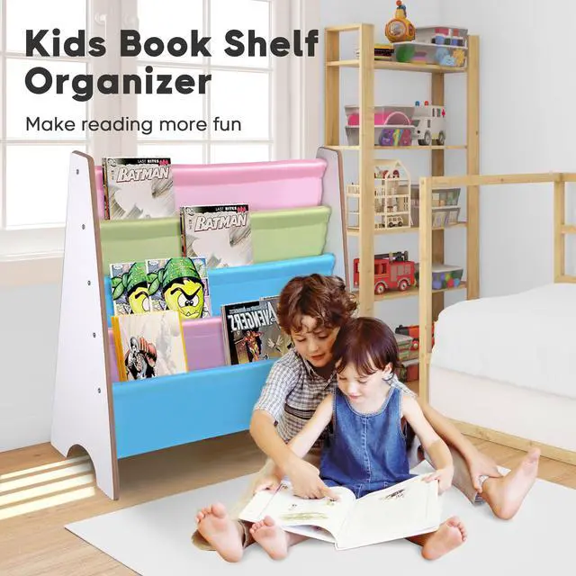Alt view image 2 of 7 - Wood Kids Book Shelf Sling Storage Rack Organizer Bookcase Display Holder White