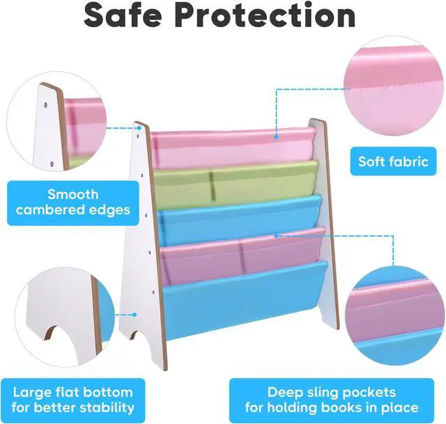 Alt view image 6 of 7 - Wood Kids Book Shelf Sling Storage Rack Organizer Bookcase Display Holder White