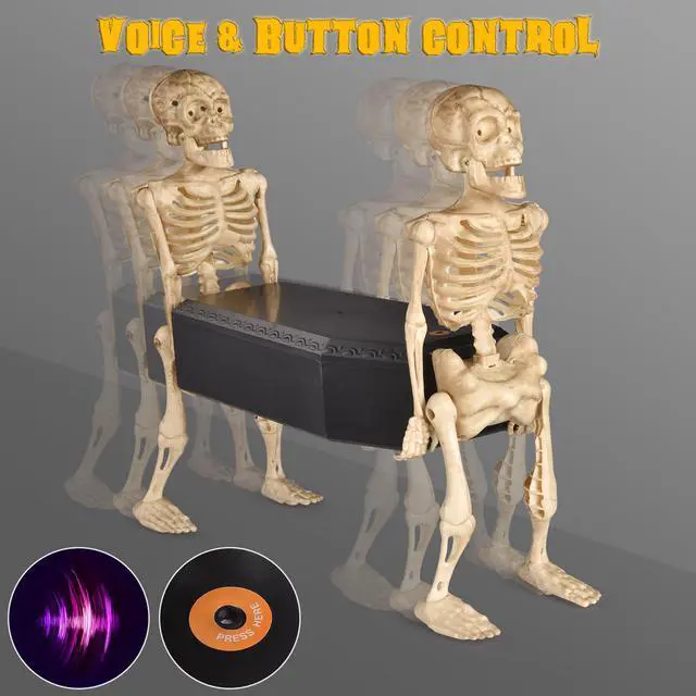 Alt view image 3 of 7 - Yescom Animated Skeleton Carrying Coffin Halloween Prop LED Light Voice Control Décor