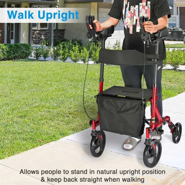 Alt view image 2 of 7 - Yescom Rollator Walker with Seat Foldable, Heightened Upright All Terrain Rolling Walker for Seniors, Red