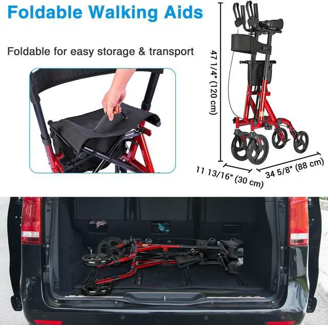 Alt view image 3 of 7 - Yescom Rollator Walker with Seat Foldable, Heightened Upright All Terrain Rolling Walker for Seniors, Red