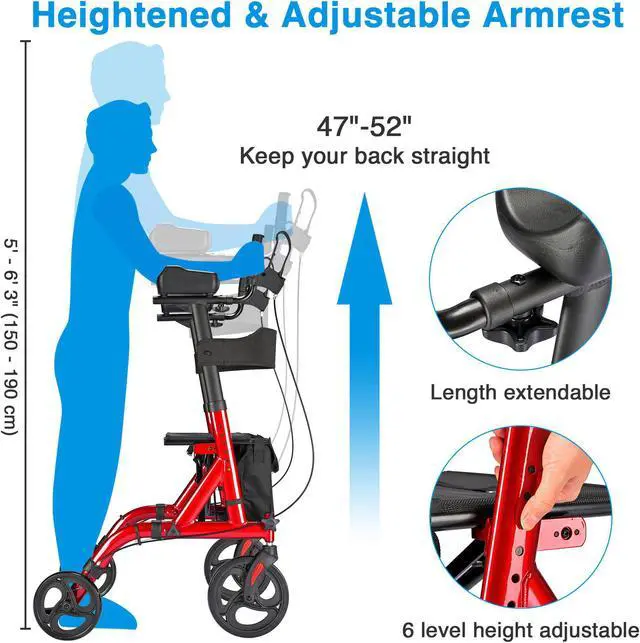 Alt view image 4 of 7 - Yescom Rollator Walker with Seat Foldable, Heightened Upright All Terrain Rolling Walker for Seniors, Red