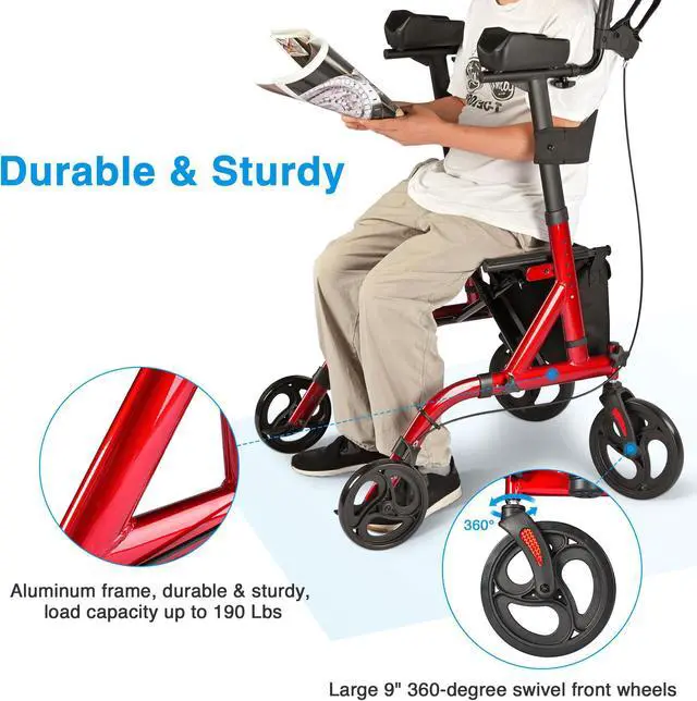 Alt view image 6 of 7 - Yescom Rollator Walker with Seat Foldable, Heightened Upright All Terrain Rolling Walker for Seniors, Red