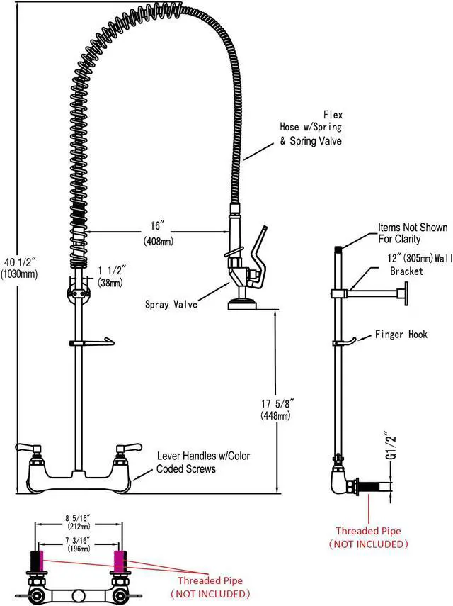 Alt view image 7 of 7 - Aquaterior Commercial Kitchen Pre-Rinse Faucet w/ Installation Kit 41" Height