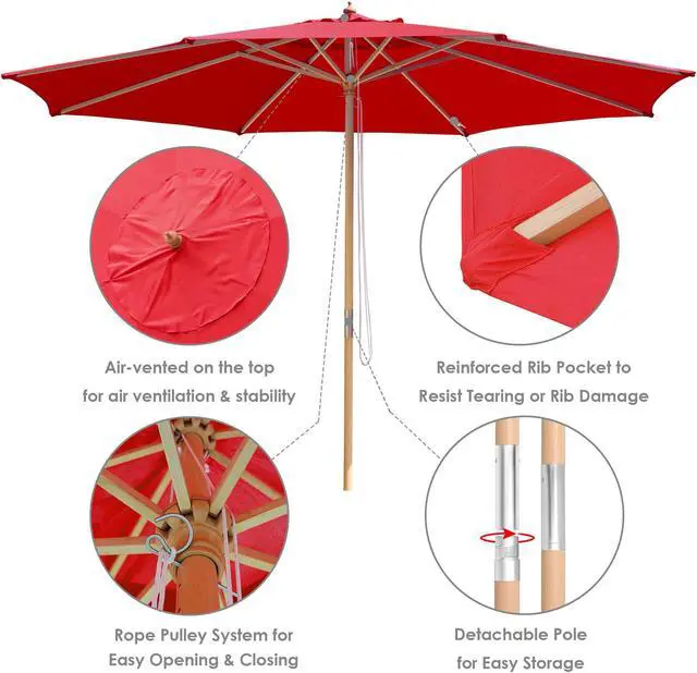 Alt view image 5 of 8 - Yescom 13FT Large Outdoor Patio Umbrella UV30+ Wood 8 Rib Pole for Table Beach Yard Garden Wedding Deck Cafe Pool Red