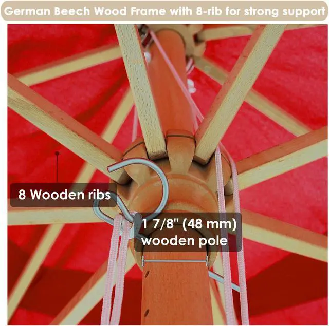 Alt view image 6 of 8 - Yescom 13FT Large Outdoor Patio Umbrella UV30+ Wood 8 Rib Pole for Table Beach Yard Garden Wedding Deck Cafe Pool Red