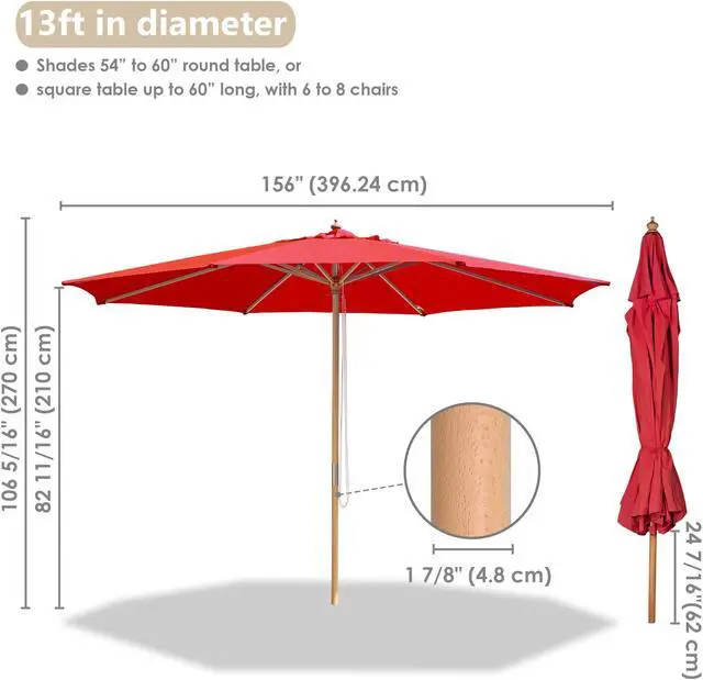 Alt view image 8 of 8 - Yescom 13FT Large Outdoor Patio Umbrella UV30+ Wood 8 Rib Pole for Table Beach Yard Garden Wedding Deck Cafe Pool Red