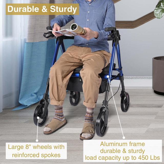 Alt view image 4 of 7 - Yescom Rollator Walker with Seat, Elderly Assistance Products, Upright Bariatric Walker for Seniors, Blue