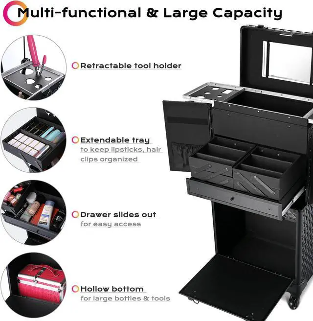Alt view image 2 of 7 - Byootique Rolling Makeup Case Trolley Cosmetic Organizer Hair Stylist Salon