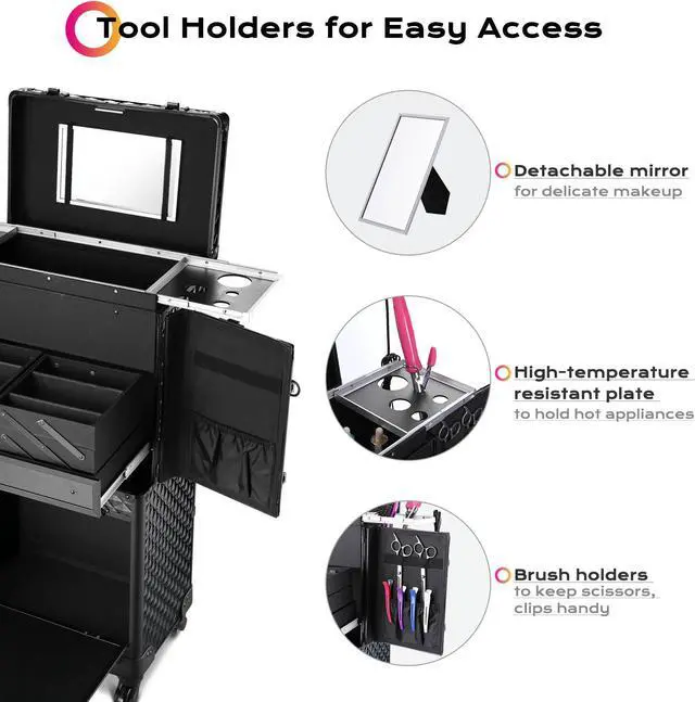 Alt view image 3 of 7 - Byootique Rolling Makeup Case Trolley Cosmetic Organizer Hair Stylist Salon