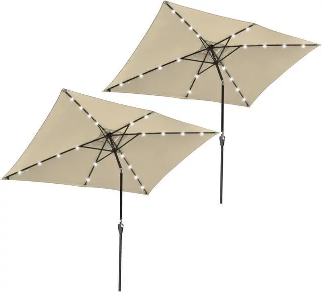 Main image of 2Pcs 10x6.5' Rectangle Aluminum Solar Outdoor Crank Tilt Patio Umbrella w/ 20 LEDs Poolside Garden