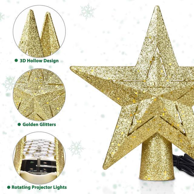 Alt view image 5 of 7 - Yescom Christmas Tree Topper Star,3D Snowflake Rotating Projector,LED Lights,Golden Star Xmas Décor