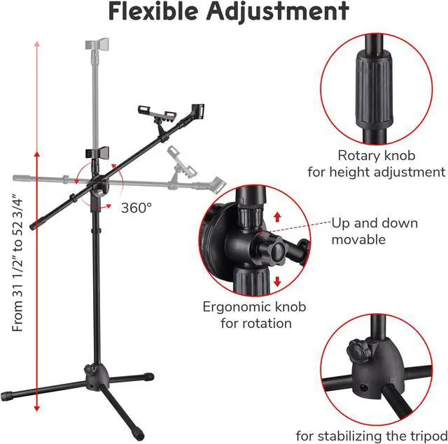 Alt view image 2 of 7 - 4 Packs Microphone Boom Arm Stand Dual Mic Clips Adjustable Tripod Phone Holder