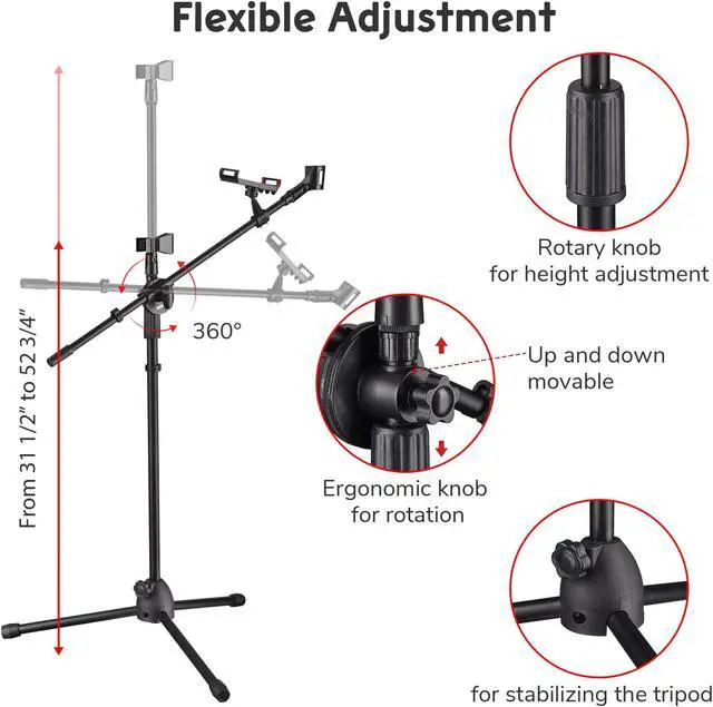 Alt view image 2 of 7 - 6 Packs Microphone Boom Arm Stand Dual Mic Clips Adjustable Tripod Phone Holder