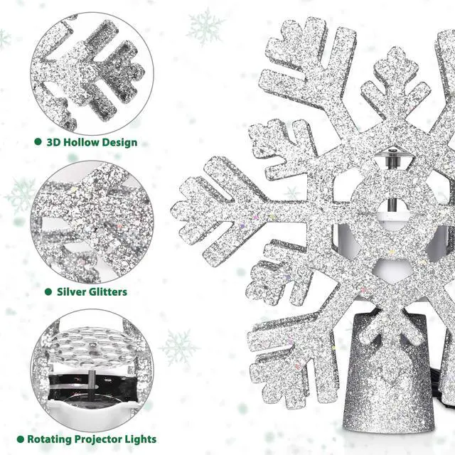 Alt view image 6 of 7 - Yescom Christmas Tree Topper Star,3D Silver Snowflake Rotating Projector,LED Lights, Xmas Decoration
