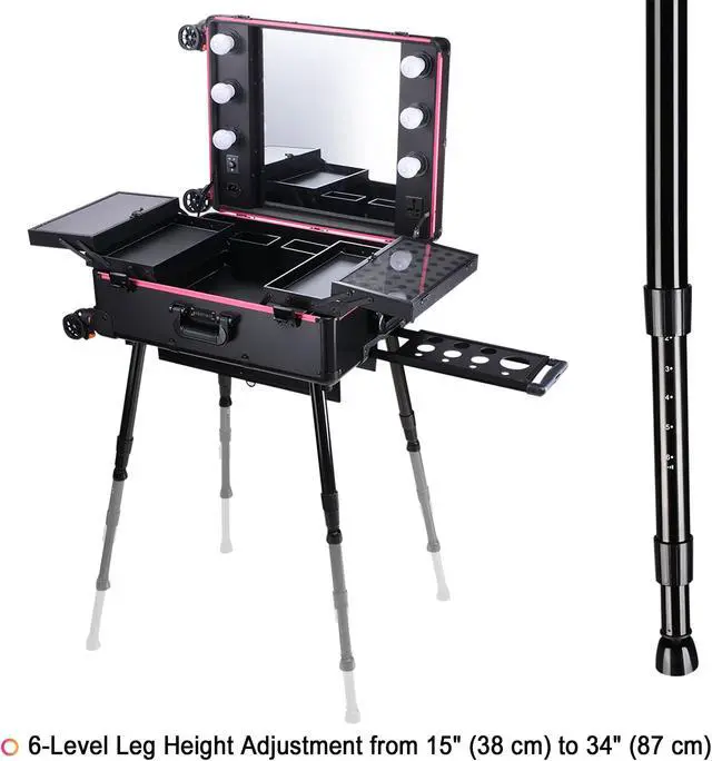 Alt view image 2 of 7 - Byootique Rolling Makeup Case with Bulb Mirror Adjustable Leg Detachable Wheel