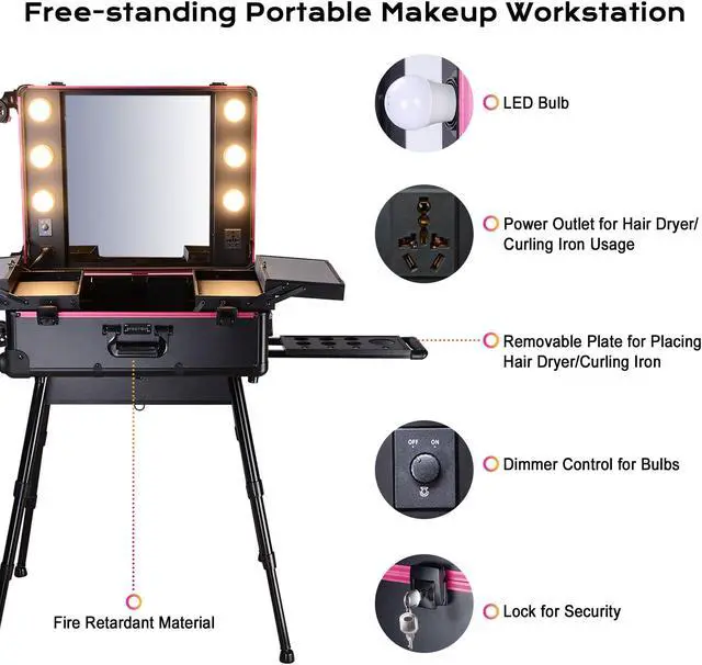 Alt view image 3 of 7 - Byootique Rolling Makeup Case with Bulb Mirror Adjustable Leg Detachable Wheel