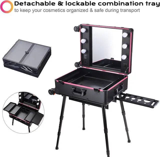 Alt view image 4 of 7 - Byootique Rolling Makeup Case with Bulb Mirror Adjustable Leg Detachable Wheel