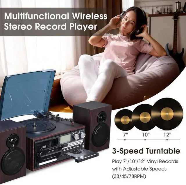 Alt view image 2 of 7 - Yescom Vinyl Record Player with Speakers Turntable Bluetooth Tape Cassette CD Player Retro