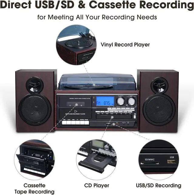 Alt view image 4 of 7 - Yescom Vinyl Record Player with Speakers Turntable Bluetooth Tape Cassette CD Player Retro