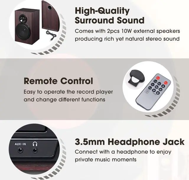 Alt view image 5 of 7 - Yescom Vinyl Record Player with Speakers Turntable Bluetooth Tape Cassette CD Player Retro
