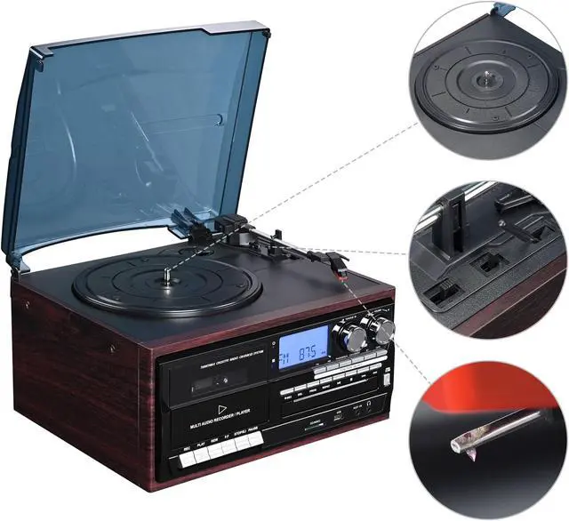 Alt view image 7 of 7 - Yescom Vinyl Record Player with Speakers Turntable Bluetooth Tape Cassette CD Player Retro