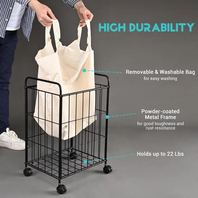 Alt view image 5 of 7 - Laundry Hamper with Wheels Clothes Storage Bin Rolling Cart Industrial Style