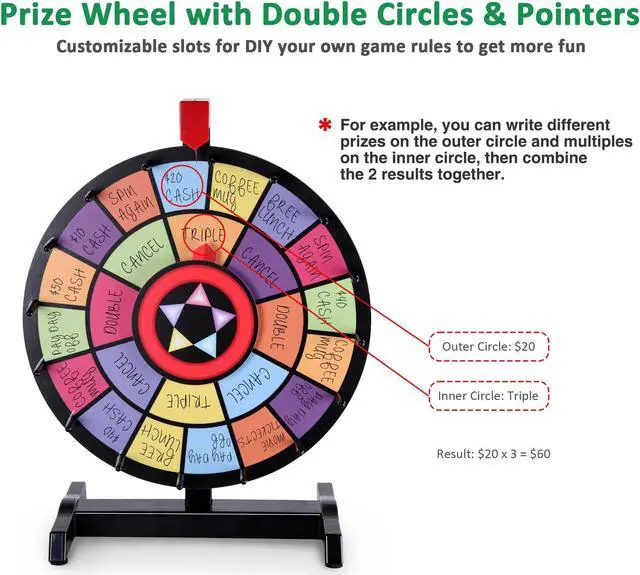 WinSpin 15" Tabletop Editable Color Prize Wheel 2 Circles 2 Pointers ...