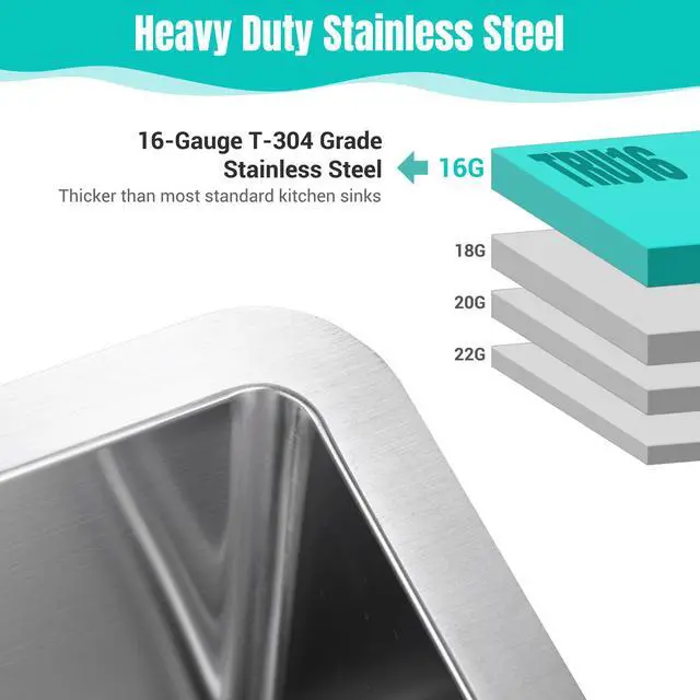 Alt view image 4 of 7 - Aquaterior 23" 16 Gauge Stainless Steel Sink Kitchen Undermount Single Bowl
