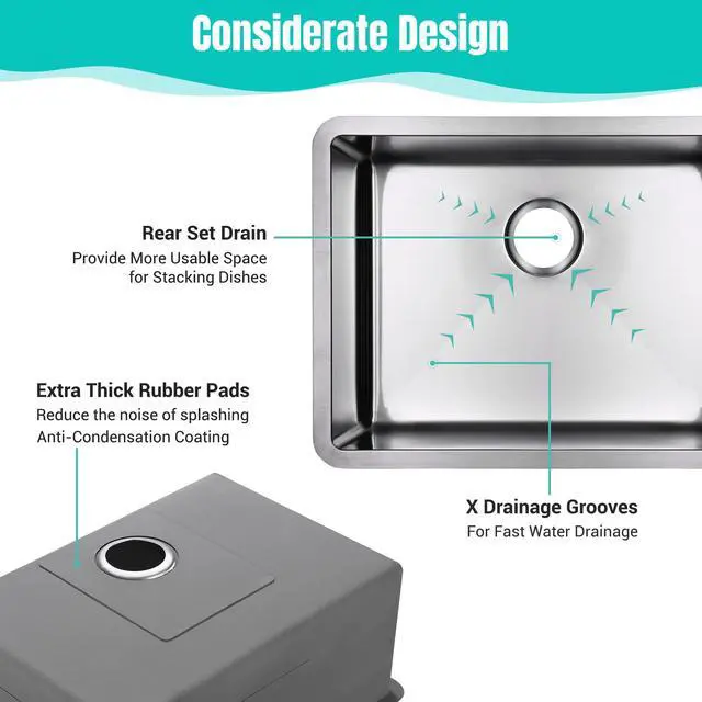 Alt view image 6 of 7 - Aquaterior 23" 16 Gauge Stainless Steel Sink Kitchen Undermount Single Bowl