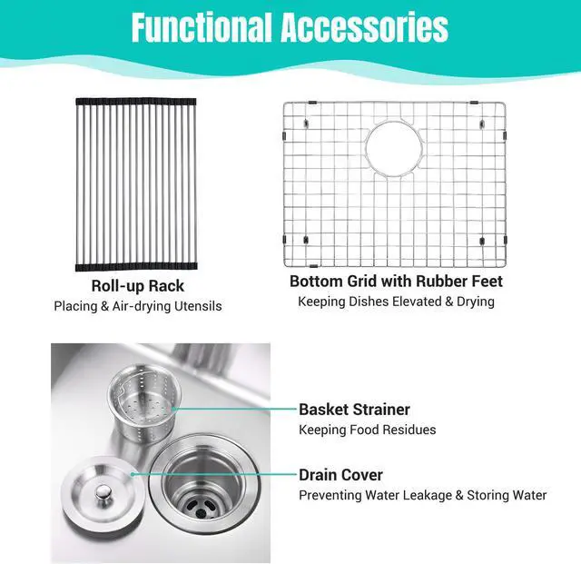 Alt view image 7 of 7 - Aquaterior 23" 16 Gauge Stainless Steel Sink Kitchen Undermount Single Bowl