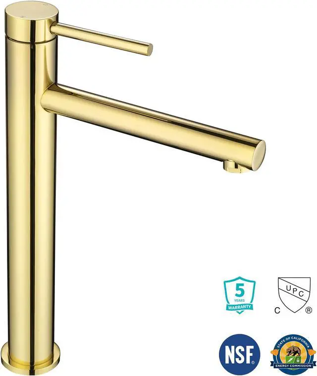 Alt view image 2 of 7 - Aquaterior Bathroom Vessel Sink Faucet 8" Tall 1 Handle/Hole Cold&Hot Water Mixer Faucet Gold (CUPC NSF CEC)
