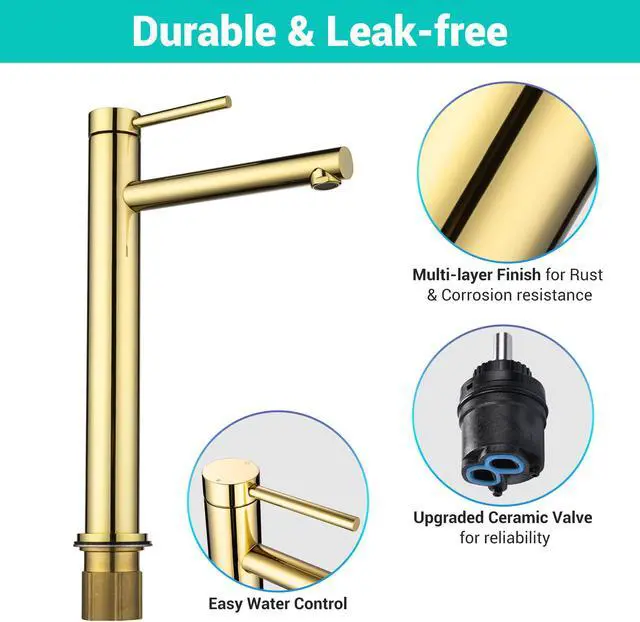 Alt view image 3 of 7 - Aquaterior Bathroom Vessel Sink Faucet 8" Tall 1 Handle/Hole Cold&Hot Water Mixer Faucet Gold (CUPC NSF CEC)