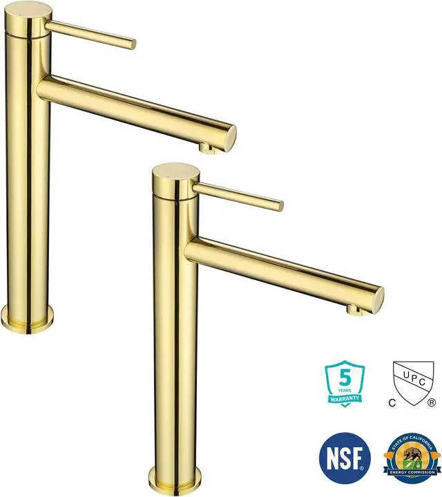 Alt view image 2 of 7 - Aquaterior 2 Pack Bathroom Vessel Sink Faucet 8" Tall 1 Handle/Hole Cold&Hot Water Mixer Faucet Gold (CUPC NSF CEC)