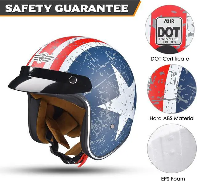 Alt view image 3 of 7 - AHR Run-O5 Retro 3/4 Open Face Motorcycle Helmet Snap on Sun Shield Visor XXL