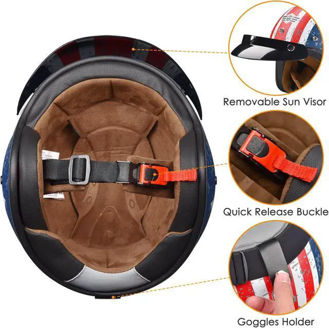 Alt view image 6 of 7 - AHR Run-O5 Retro 3/4 Open Face Motorcycle Helmet Snap on Sun Shield Visor XXL