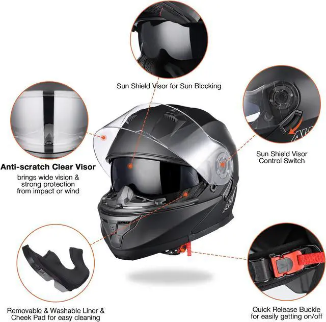 Alt view image 7 of 7 - AHR RUN-M3 Modular Flip Up Helmet Full Face Dual Visor DOT Motorcycle Bike S